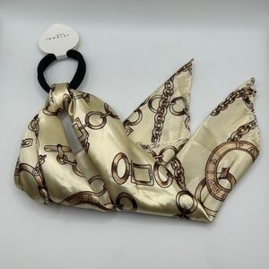 Fashion Hair Tie-Cream and Gold Chain Print Scarf Ponytail Holder